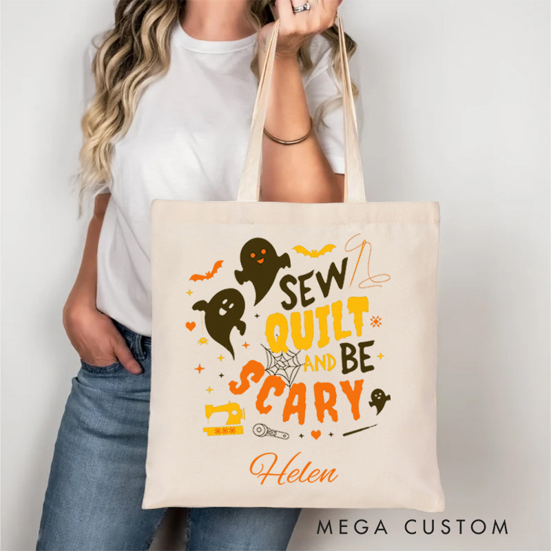 Personalized Sew Quilt and Be Scary Tote Bag Gift for Sewing Lovers Halloween Gift for Quilters