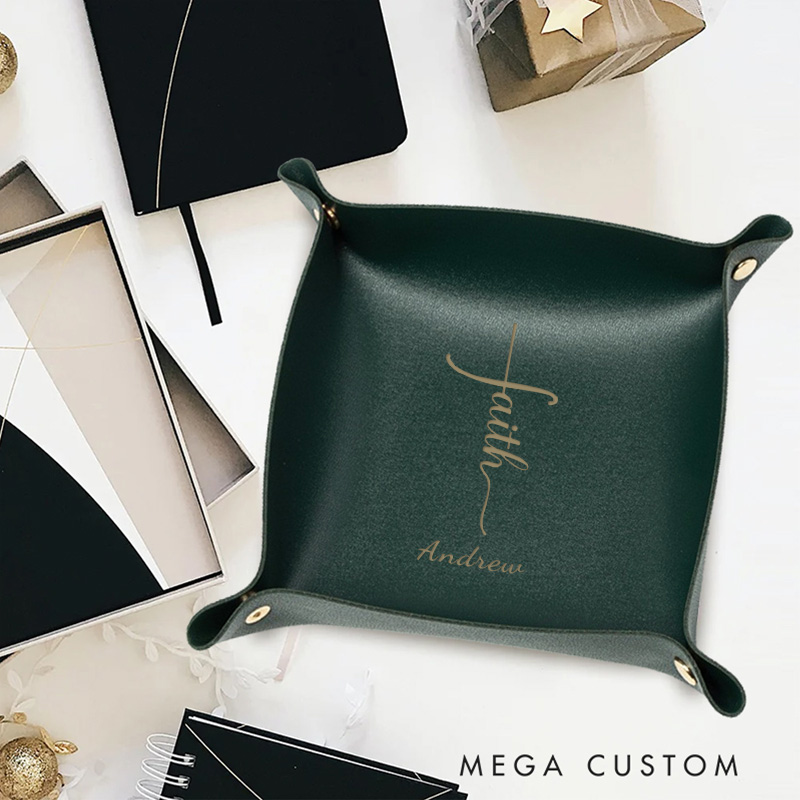 Personalized Faith Cross Foldable Leather Catchall Snap Tray with Name Desktop Storage Religious Gift Birthday Gift for Christian