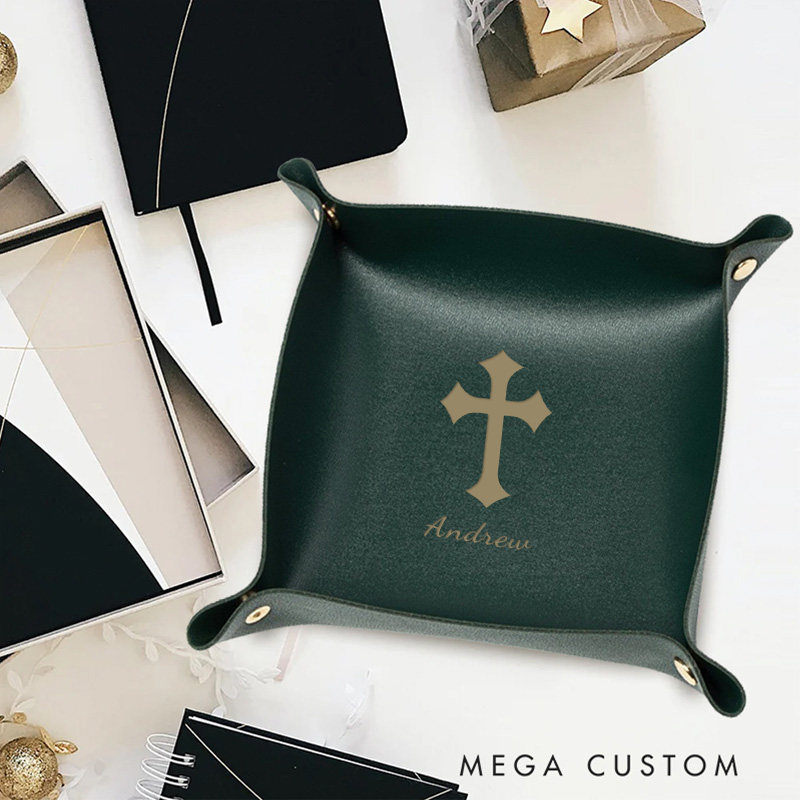 Personalized Classic Cross Foldable Leather Catchall Snap Tray with Name Desktop Storage Religious Gift Birthday Gift for Christian