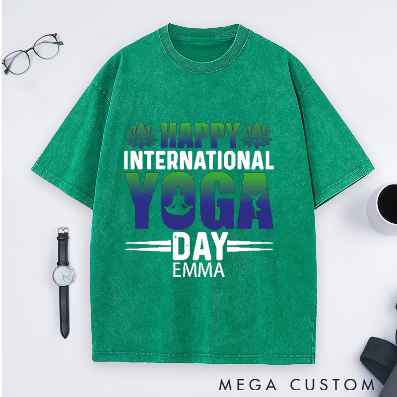 Personalized Yoga Washed T-Shirt with Happy International Yoga Day Design Perfect Gift for Yoga Lover