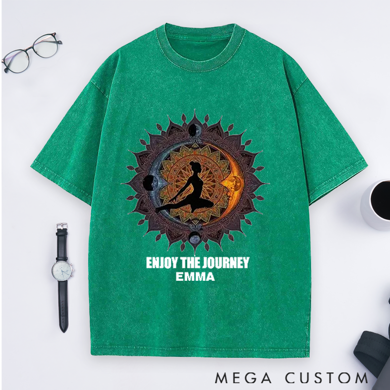 Personalized Enjoy the Journey Quote Yoga Washed T-Shirt with Mandala and Silhouette Design Perfect Gift for Yoga Lover