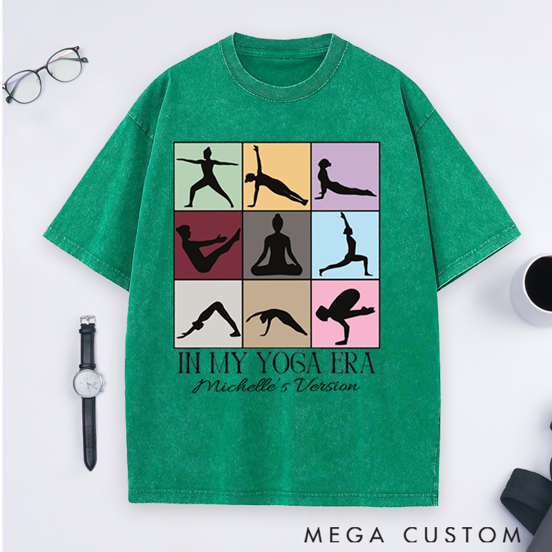 Personalized In My Yoga Era Theme Yoga Washed T-Shirt with Multicolor Yoga Pose Grid Design Perfect Gift for Yoga Lover