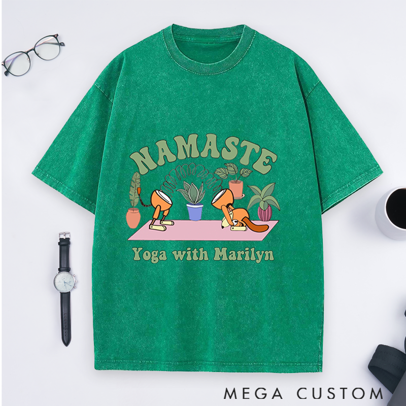 Personalized Yoga Washed T-Shirt with Namaste Theme and Cute Plant Design Perfect Gift for Yoga Lover