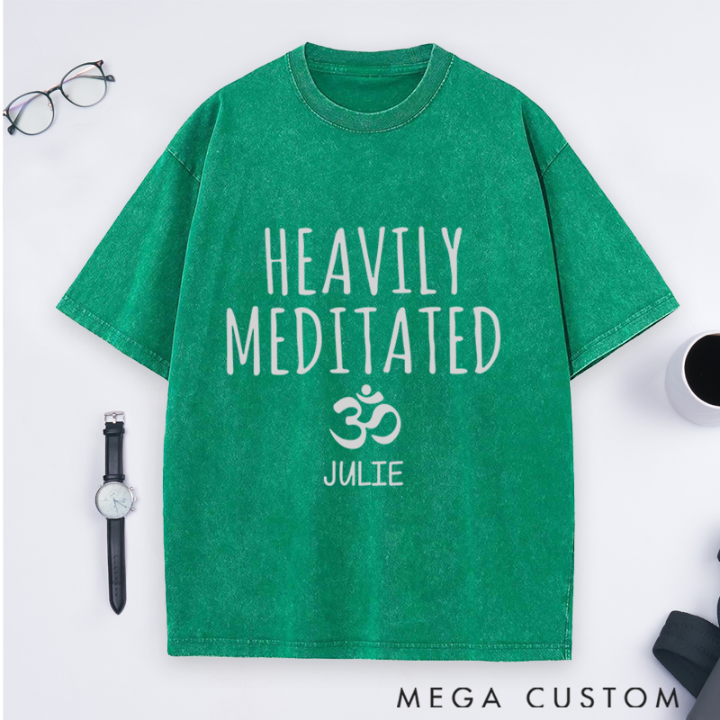 Personalized Yoga Washed T-Shirt with Heavily Meditated Design and Om Symbol Perfect Gift for Yoga Lover