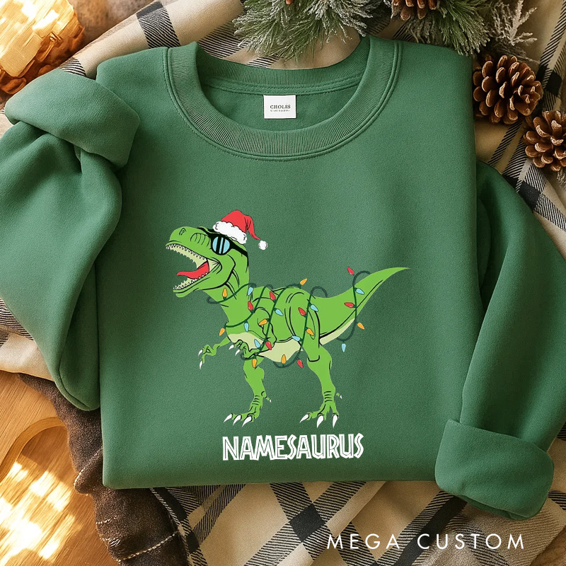 Personalized Namesaurus Christmas Classic Sweatshirt Dinosaurs Movie Series Crewneck Movie Holiday Shirt