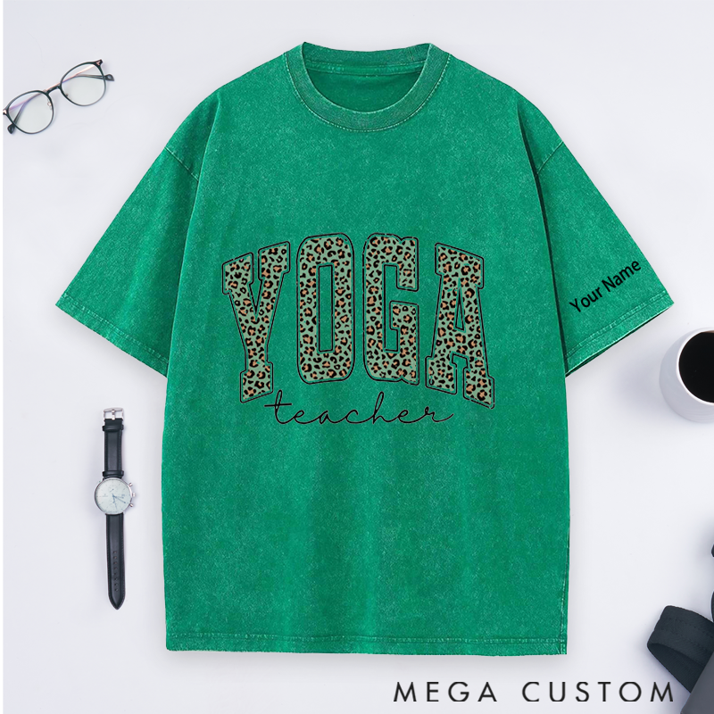 Personalized Yoga Teacher Washed T-Shirt with Leopard Print YOGA Design Perfect Gift for Yoga Lover