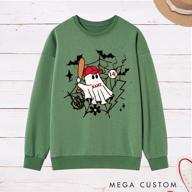 Personalized Halloween Ghost Baseball Sweatshirt with Custom Name and Number 