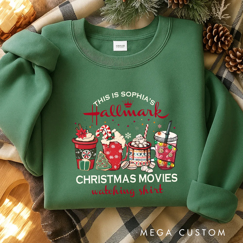Personalized Coffee Christmas Movie Watching Shirt Classic Sweatshirt Christmas Film Crewneck Movie Holiday Shirt