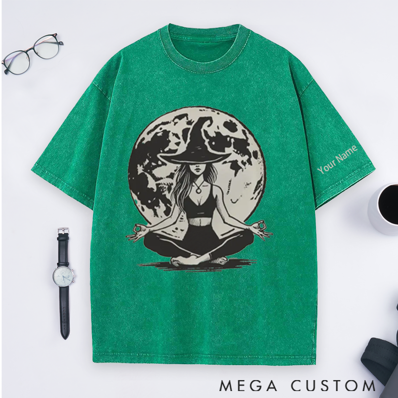 Personalized Witchy Yoga Washed T-Shirt with Mystic Moon and Meditating Witch Design Perfect Gift for Yoga Lover and Halloween