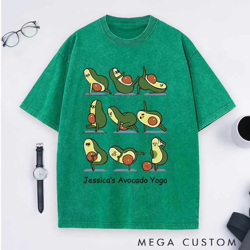 Personalized Avocado Yoga Washed T-Shirt with Cute Avocado Poses Design Perfect Gift for Yoga Lover