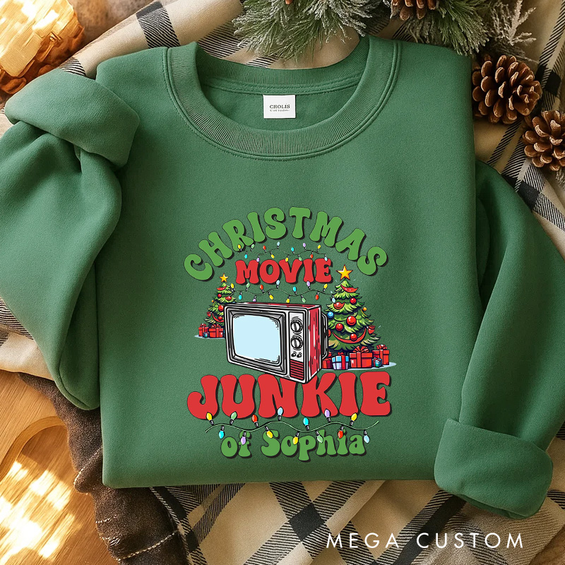 Personalized Christmas Movie Junkie Watching Classic Sweatshirt Christmas Film Crewneck Movie Holiday Shirt