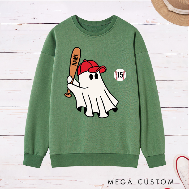 Personalized Halloween Sweatshirt with Ghost Holding Bat Custom Text  