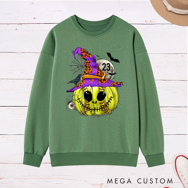 Personalized Enchanted Softball Pumpkin Witch Sweatshirt with Custom Number