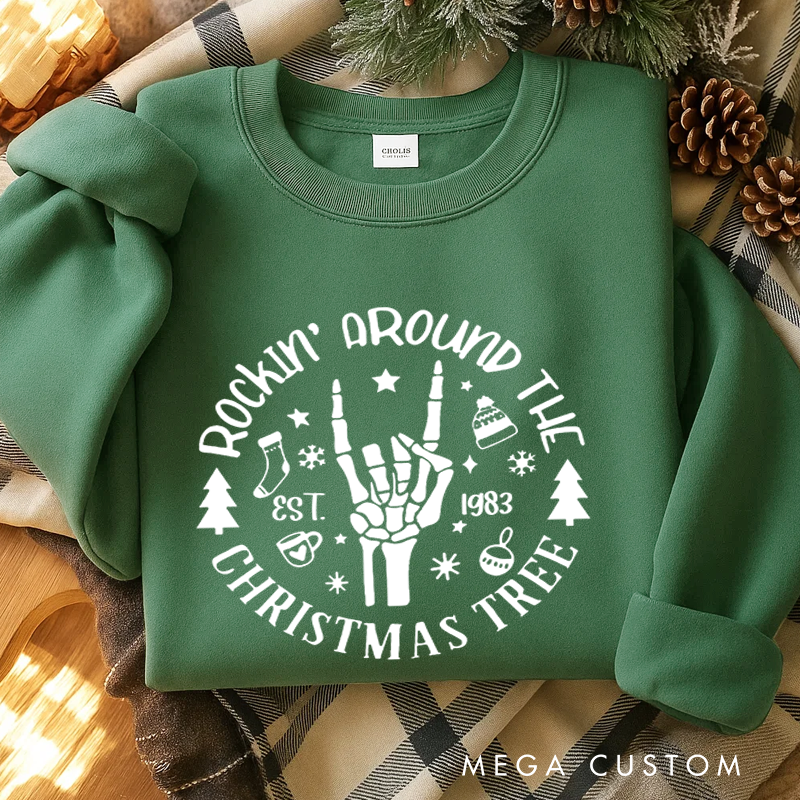 Personalized Classic Sweatshirts Christmas Rockin' Around Sweatshirt Christmas Tree Sweatshirt Christmas Gift for Heavy Metal Music Lover