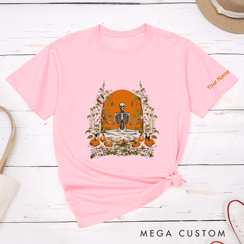 Personalized Halloween Skeleton T-Shirt with Pumpkin Meditation Design Perfect Gift for Yoga Lover and Halloween