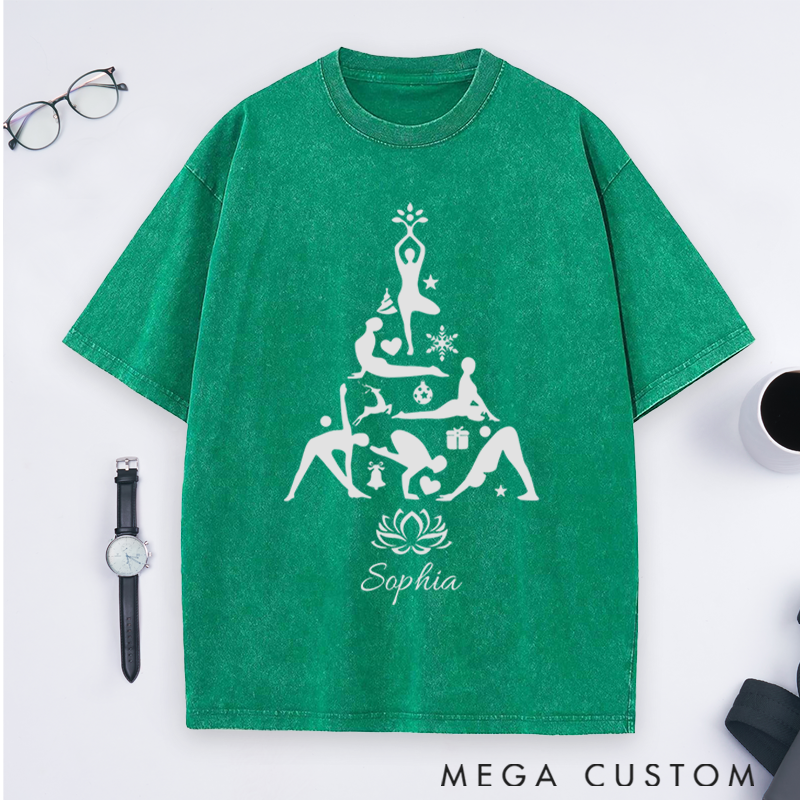 Personalized Yoga Washed T-Shirt with Christmas Tree Design Perfect Gift for Yoga Lover and Christmas