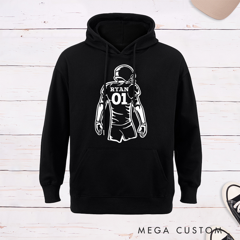Personalized American Football Player Silhouette Design Hoodie with Custom Name and Number