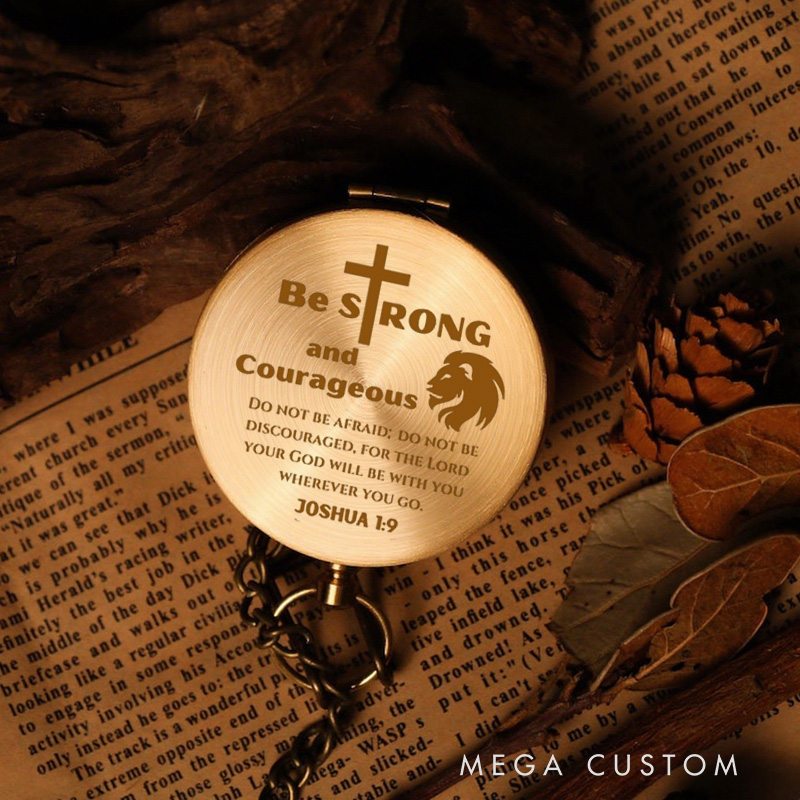 Personalized be Strong and Courageous Lion Luminous Compass with Scripture Religious Gift Christian Gift Faith Gift for Men