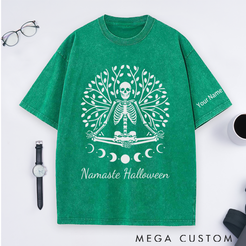 Personalized Namaste Halloween Washed T-Shirt with Spooky Skeleton Yoga Design Perfect Gift for Yoga Lover and Halloween