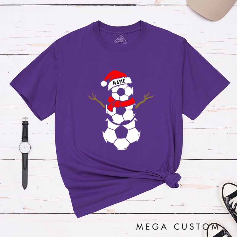 Personalized Soccer Snowman T-Shirt with Custom Name and Festive Design