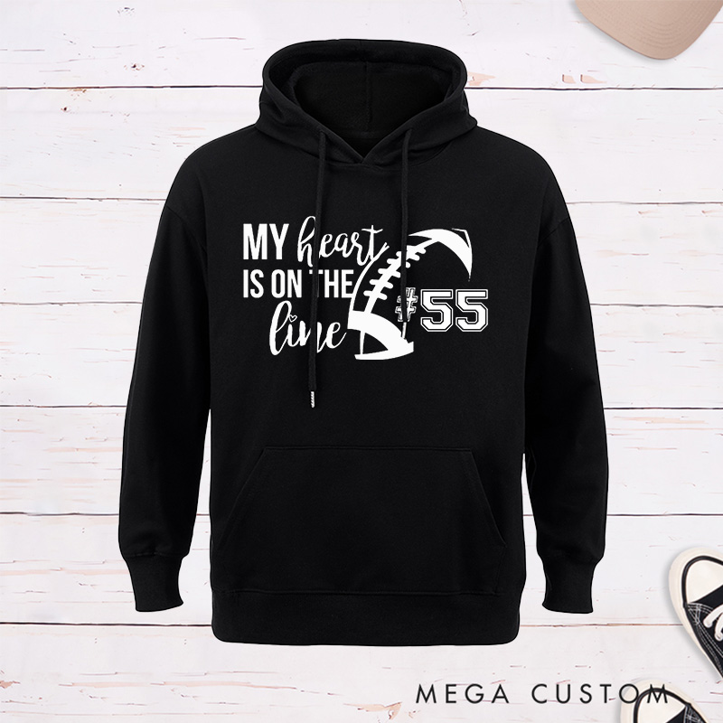 Personalized American Football Hoodie Cap for "My Heart is on the Line" with Custom Jersey Number