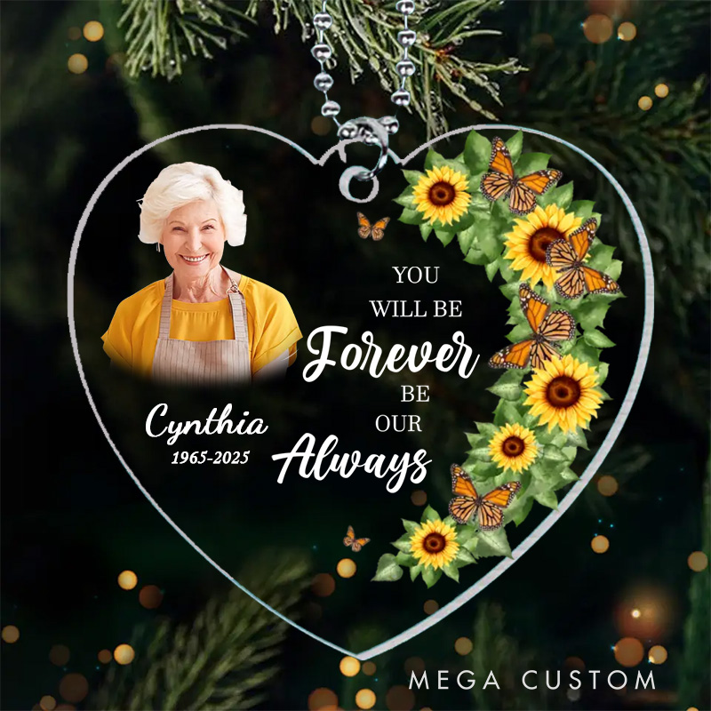 Personalized Heart Shaped Memorial Ornament Customizable Photo Name Year Quote Sunflowers Butterflies Keepsake