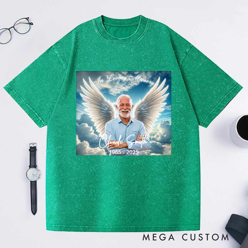 Personalized Memorial Washed T-Shirt Memorial Gift for Loss of Loved One In Loving Memory Gift Angel Wings Photo T-Shirt 