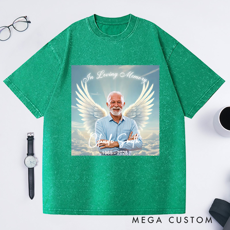 Personalized Memorial Photo Washed T-Shirt Memorial Gift for Loss of Grandfather Father and Loved One In Loving Memory Gift Angel Wings T-Shirt 
