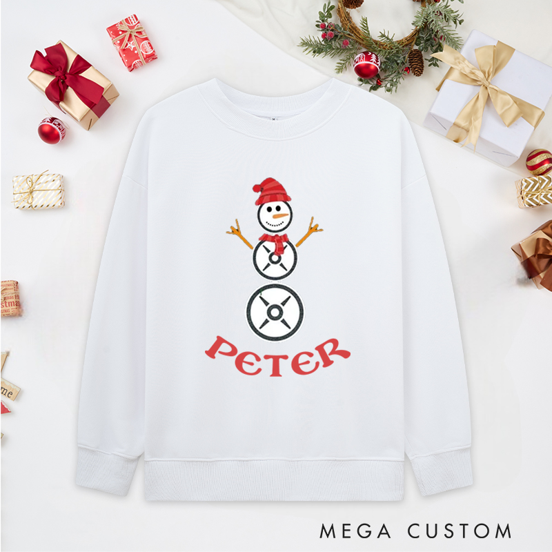 Personalized Christmas Classic Sweatshirts with Weight Plate Snowman for Fitness Enthusiasts Bodybuilders and Gym Lovers