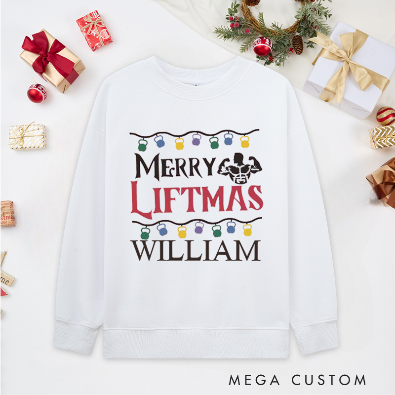 Personalized Christmas Classic Sweatshirts with Merry Liftmas Kettlebell Lights and Muscle for Fitness Enthusiasts Bodybuilders and Gym Lovers