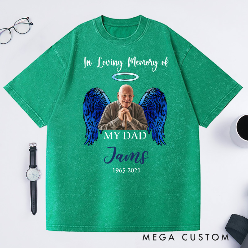 Personalized Memorial Photo Washed T-Shirt Memorial Gift for Loss of Grandfather In Loving Memory Gift Angel Wings T-Shirt 