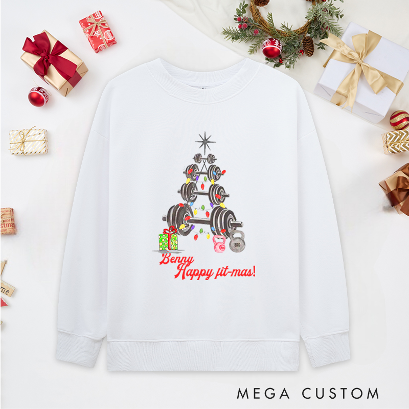Personalized Christmas Classic Ugly Sweatshirts with Happy Fit Mas Barbell and Kettlebell Christmas Tree for Fitness Enthusiasts Bodybuilders and Gym Lovers