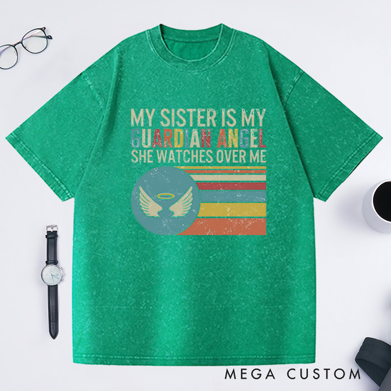Personalized Sister Memorial Washed T-Shirt Retro Stripes Guardian Angel Watches Over Sympathy Gift Loss of Sister