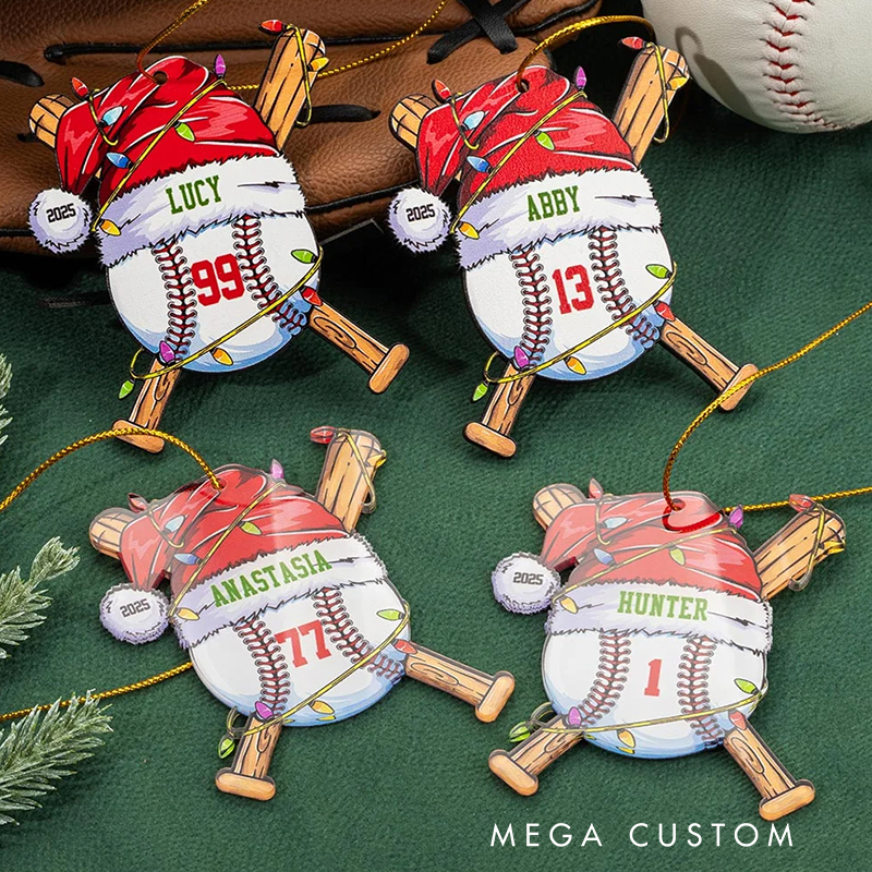 Personalized Acrylic Santa Hat Baseball Christmas Ornament with Name Number and Year 
