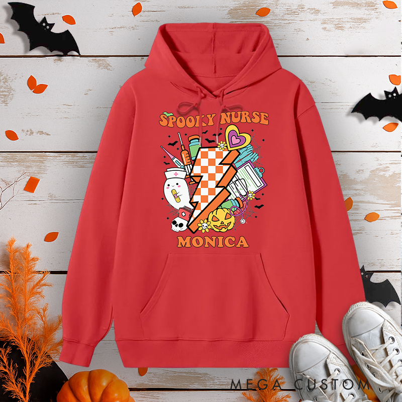 Personalized Hoodies for Nurse Customized Spooky Nurse Retro Collage Design Hoodies Halloween Nurse Hoodie