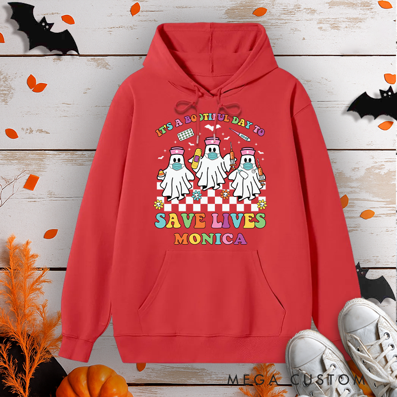 Personalized Hoodies for Nurse Customized It's a Boo-tiful Day to Save Lives Design Hoodies Halloween Nurse Hoodie