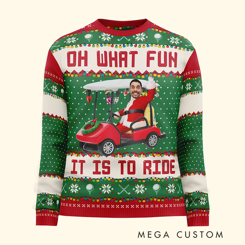 Personalized Christmas Ugly Sweater with Custom Face and Golf Cart Design 
