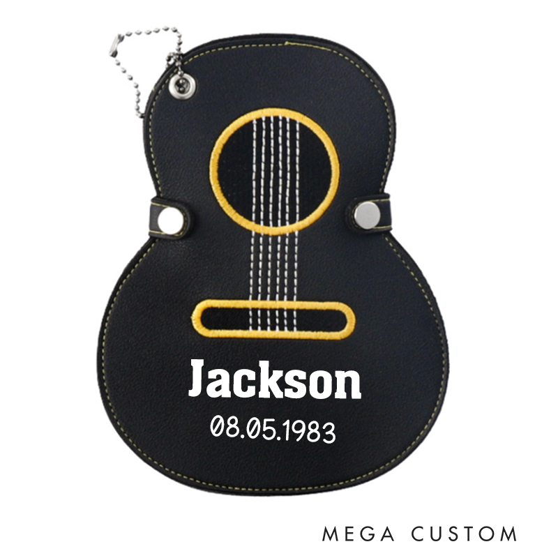 Personalized Guitar Pick Holder Custom Name & Initial PU Leather Case Keychain Gift for Guitar Players