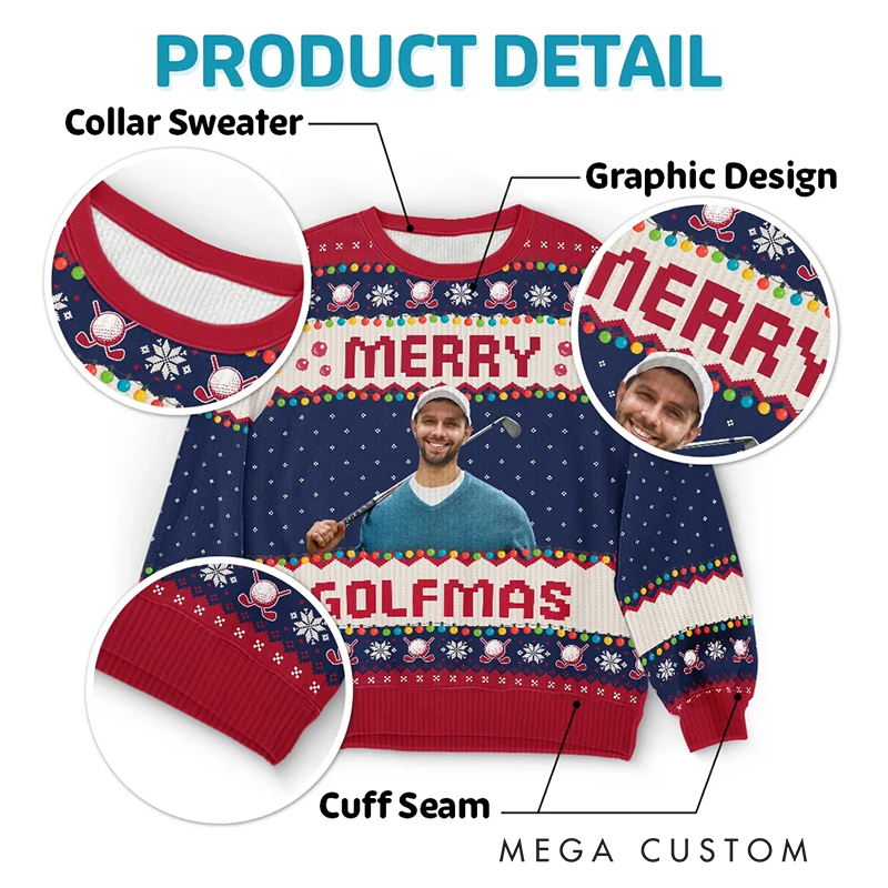 Personalized "Merry Golfmas" Ugly Christmas Sweater with Custom Face