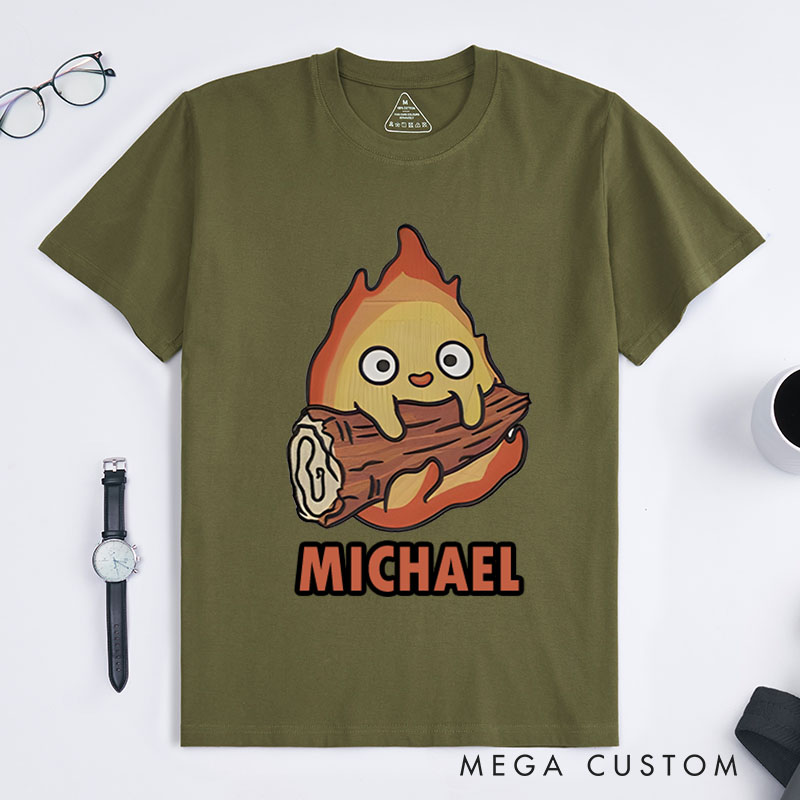 Personalized Firefighter T-Shirts Cute Flame with Log Character Fashion Design T-Shirts