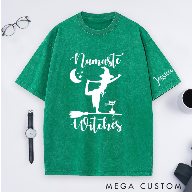 Personalized Namaste Witches Washed T-Shirt with Halloween Theme and Witch Yoga Design Perfect Gift for Yoga Lover and Halloween