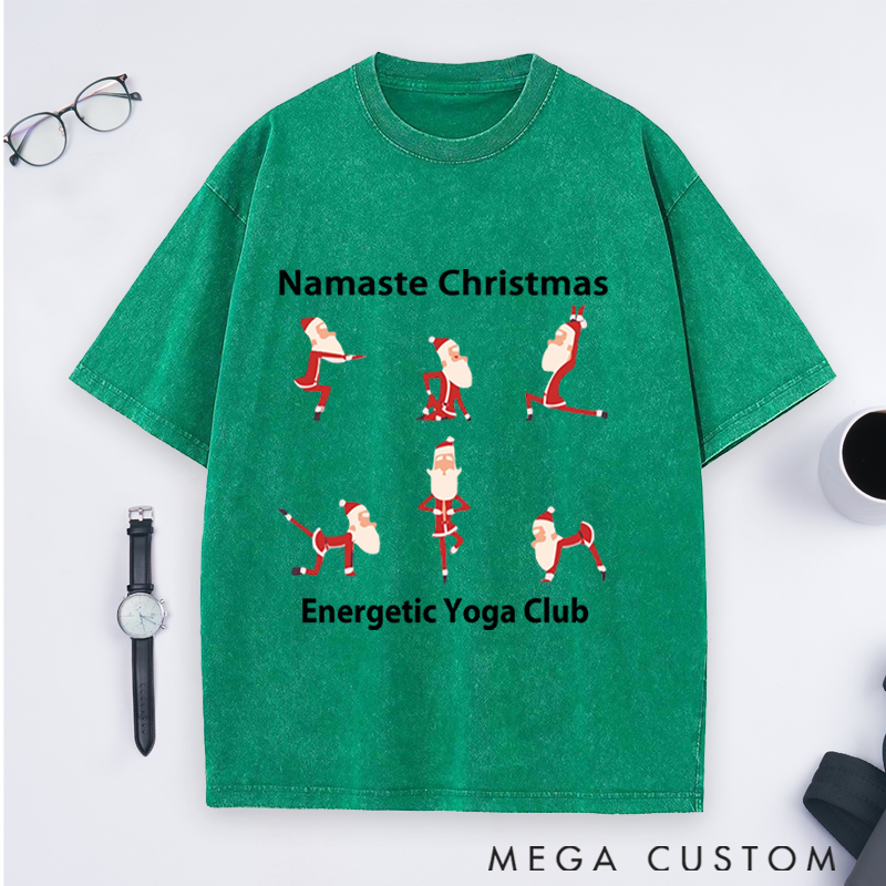 Personalized Yoga Santa Christmas Washed T-Shirt Family Holiday T-Shirt Perfect Gift for Yoga Lover and Christmas