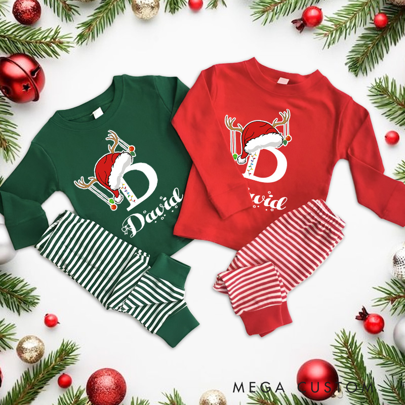 Personalized Reindeer Antler Santa Hat Initials Kids Christmas Pajamas 