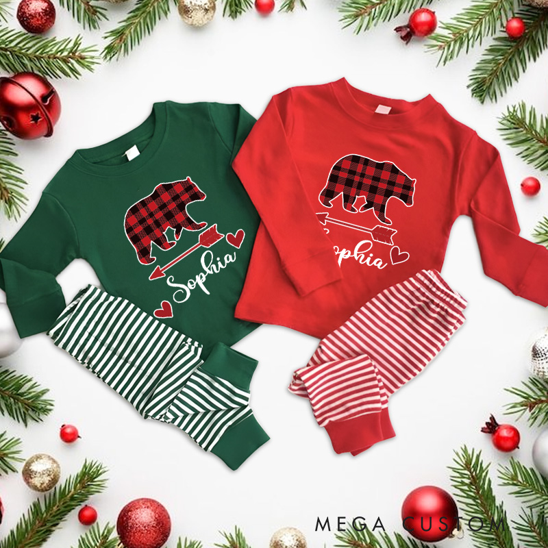 Personalized Bear Plaid Heart Arrow Love Kids Christmas Pajamas