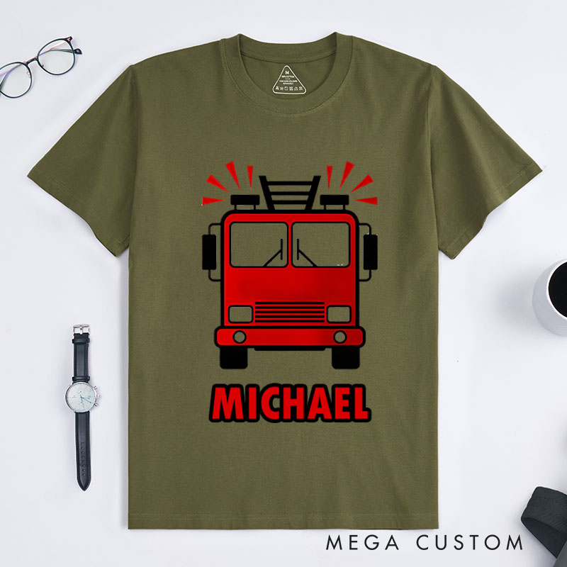 Personalized Firefighter T-Shirts  Front-Facing Fire Truck Fashion Design T-Shirts