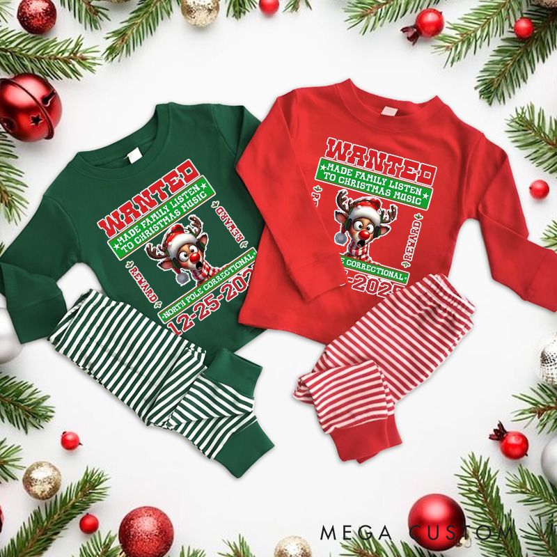 Personalized Wanted Christmas Music Reindeer Mugshot Funny Holiday Christmas Pajamas 