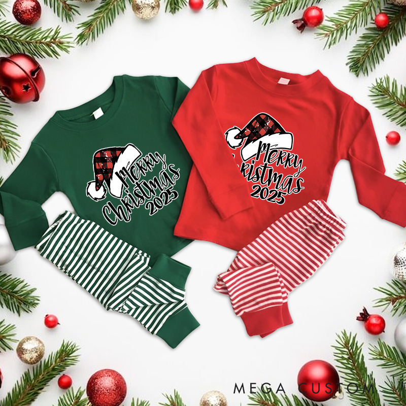 Personalized Merry Christmas with Buffalo Plaid Santa Hat Christmas Christmas Pajamas