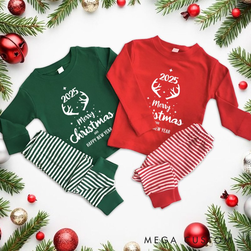 Personalized Merry Christmas and Happy New Year with Reindeer Antlers Christmas Pajamas