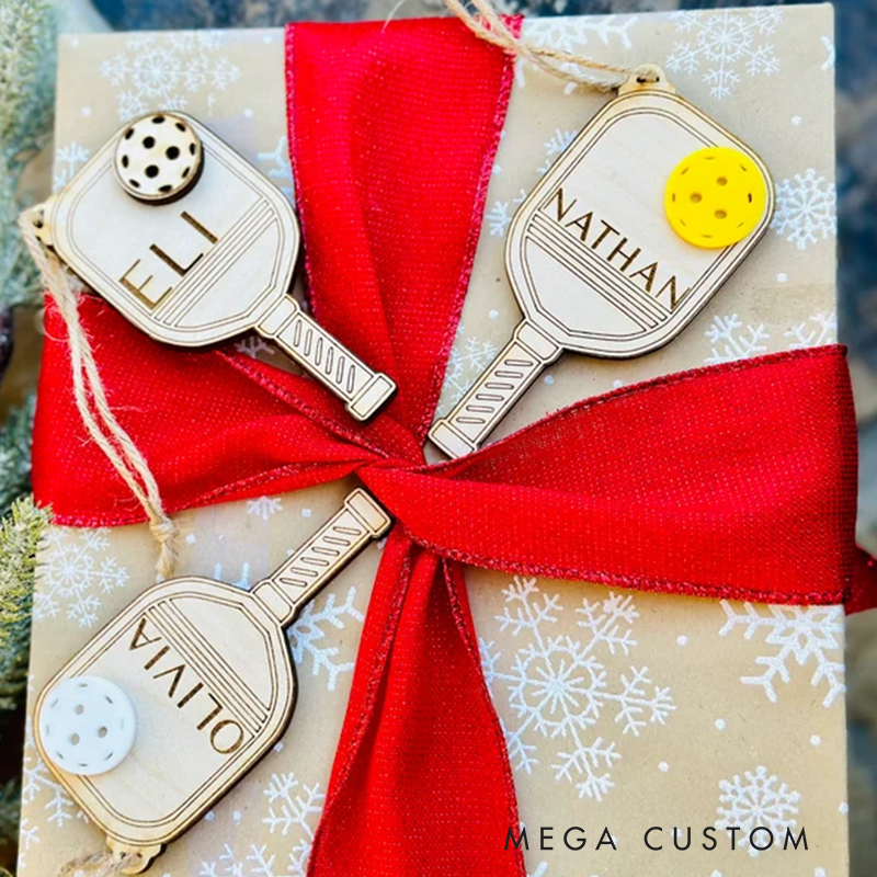 Personalized Pickleball Paddle Christmas Ornaments with Custom Names Engraved Wood Design