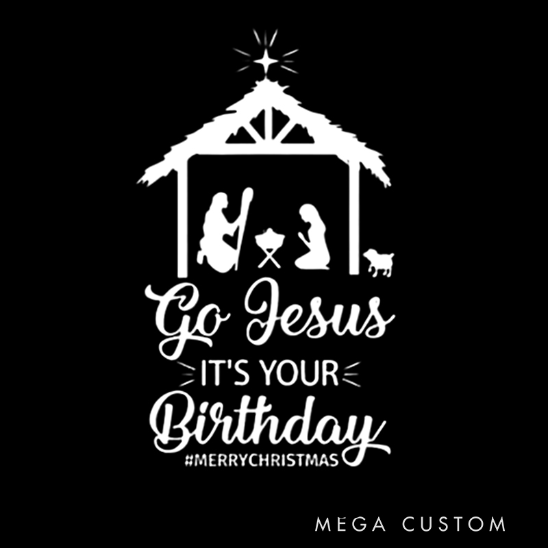 Personalized Go Jesus It's Your Birthday Nativity Christmas Family Matching Crew Neck T-Shirts with Name Religious Gift for Family
